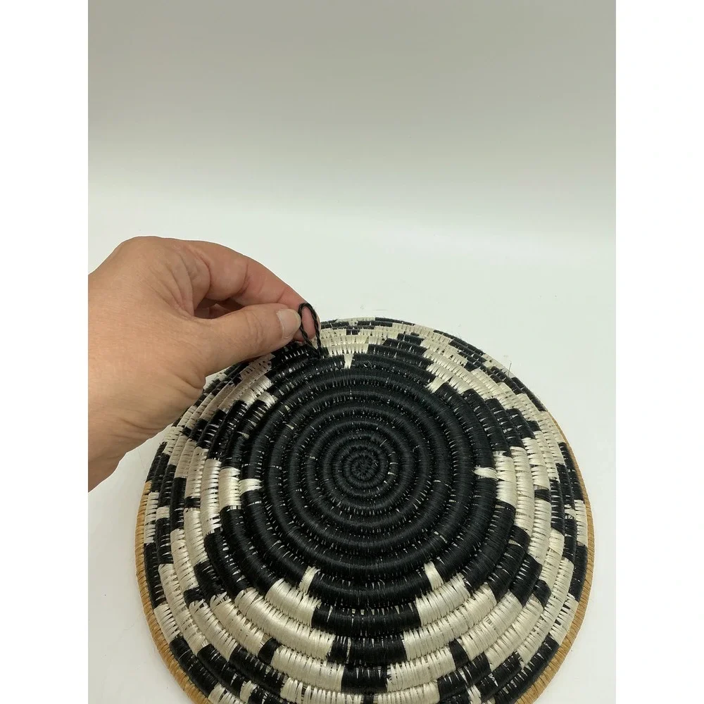 Woven Sisal Wall Basket Bowl Black Cream Geometric Boho Tribal Decor 8 Inch